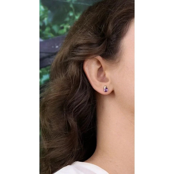 10k Yellow Gold Natural Purple Amethyst Earrings Stud Post - Picture 4 of 8